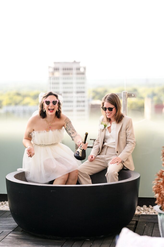 wedding couple on penthouse terrace at 21c hotel, a unique wedding venue in durham